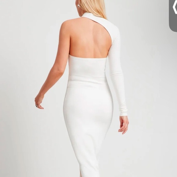Marcella Manhattan slit gown asymmetrical hem midi length in white ponte stretch - Picture 4 of 8